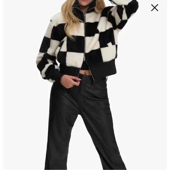 Noize Checkered Teddy Jacket Black White | Soft Faux Fur Cozy Statement Coat - Picture 7 of 8